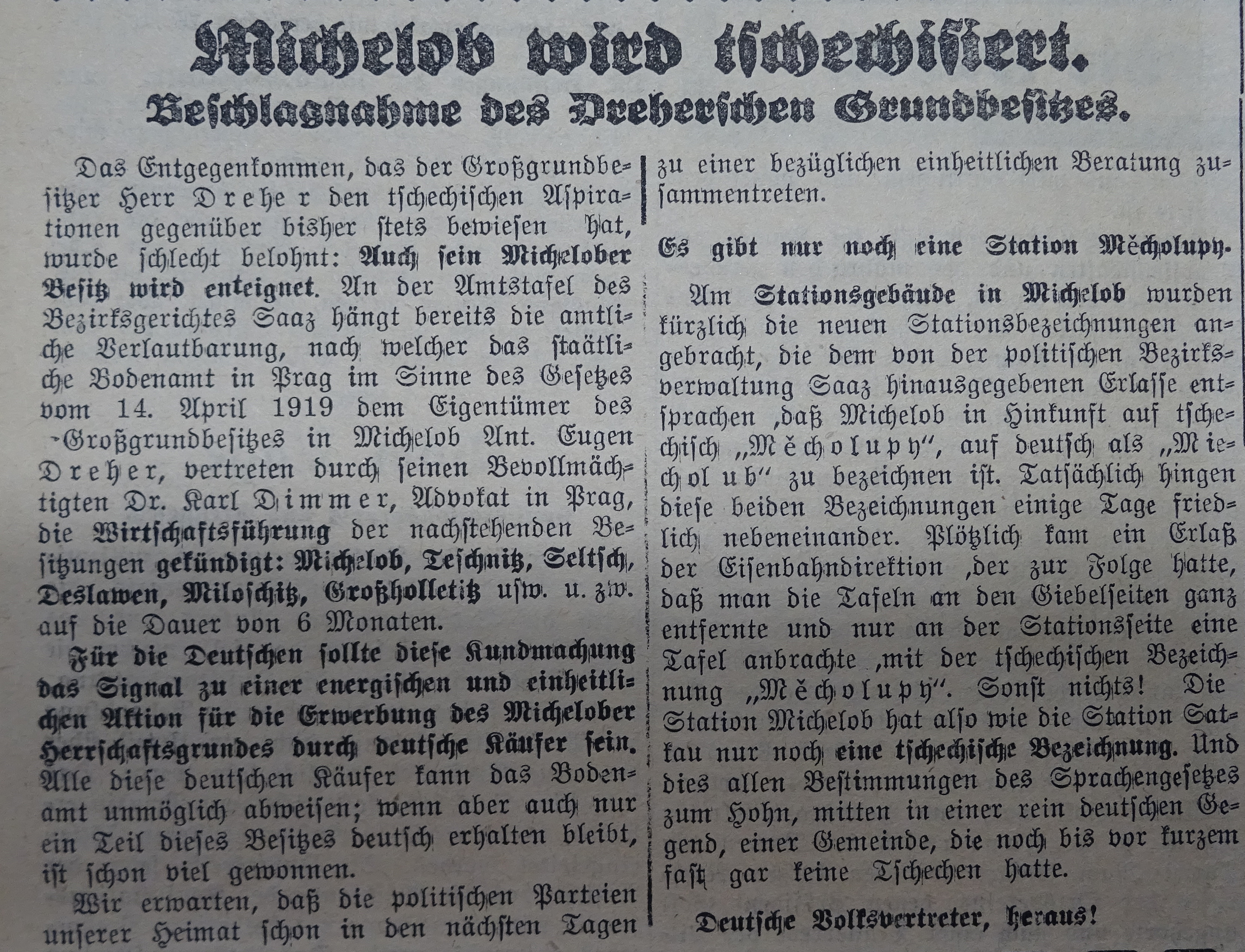 lnek oznamujc uskutenn pozemkov reformy v Mcholupech. Saazer Anzeiger r. 23., . 229 z 7.10.1924, s. 2