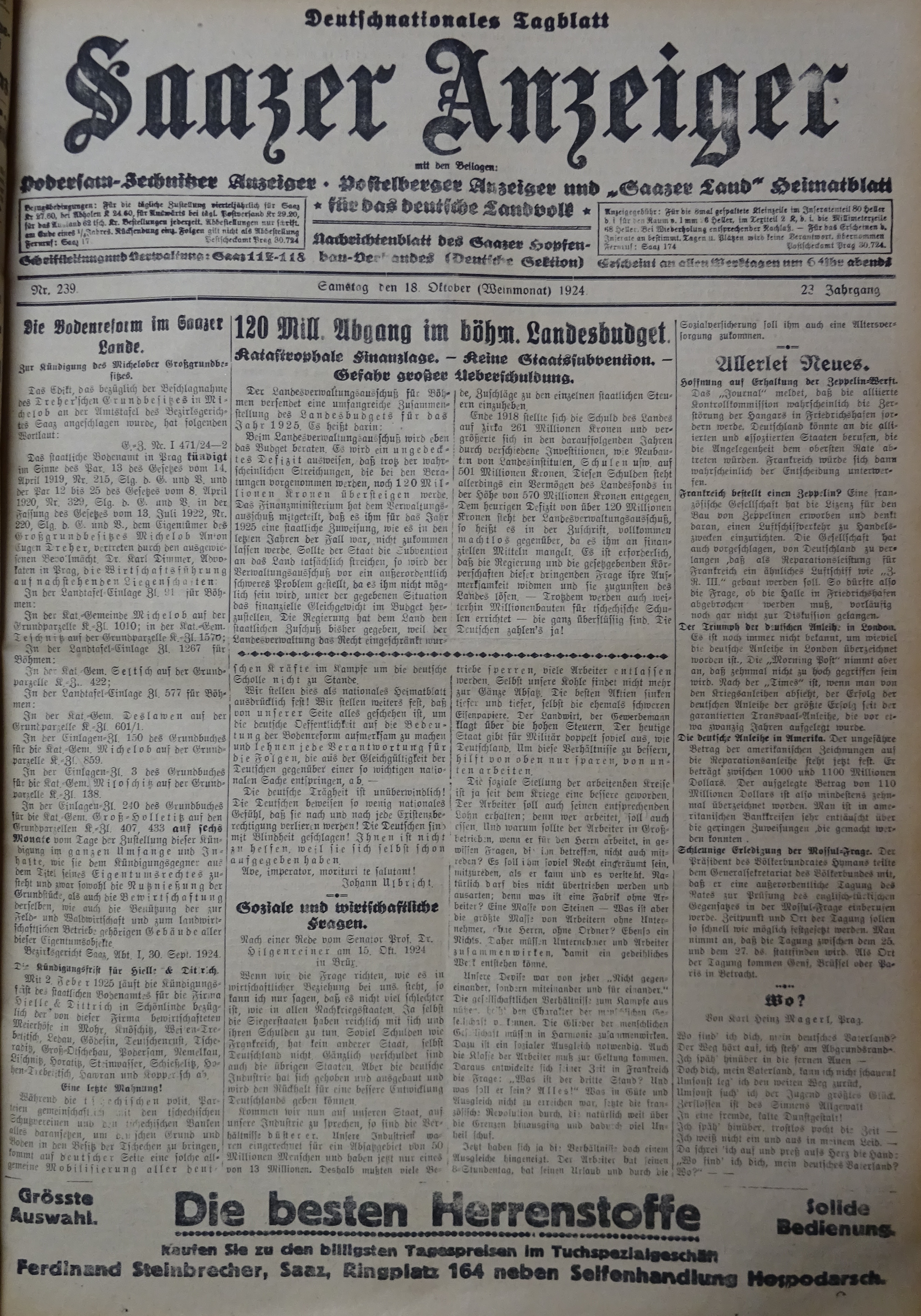 Prvn strana Saazer Anzeigeru k prbhu pozemkov reformy na atecku - Mcholupy 18. jen 1924